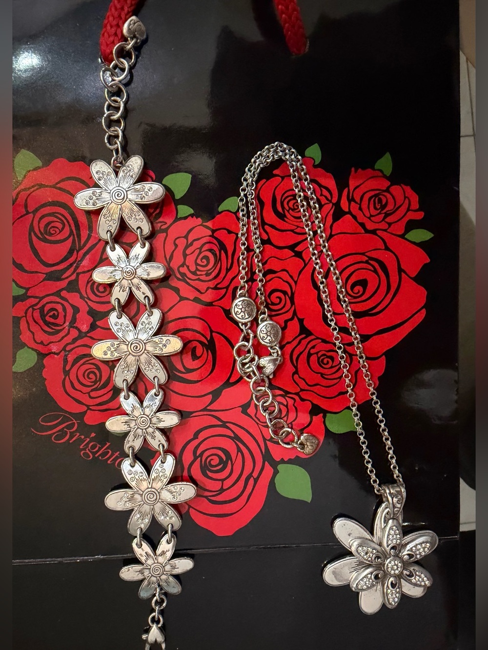 Brighton Flower Pendant Necklace and Bracelet Set - Silver